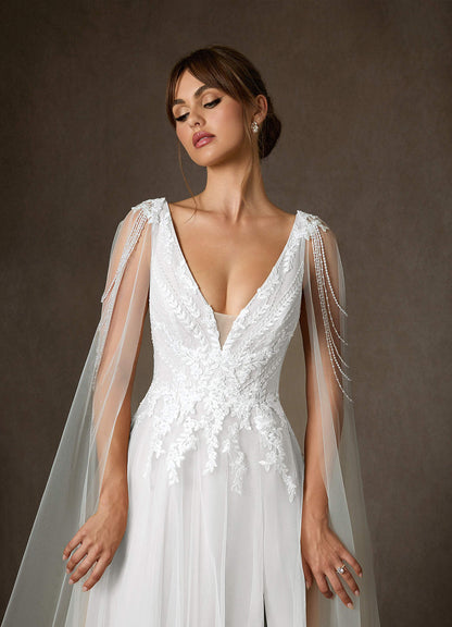 Diamond White A-Line V-Neck Sequins Tulle Dress
