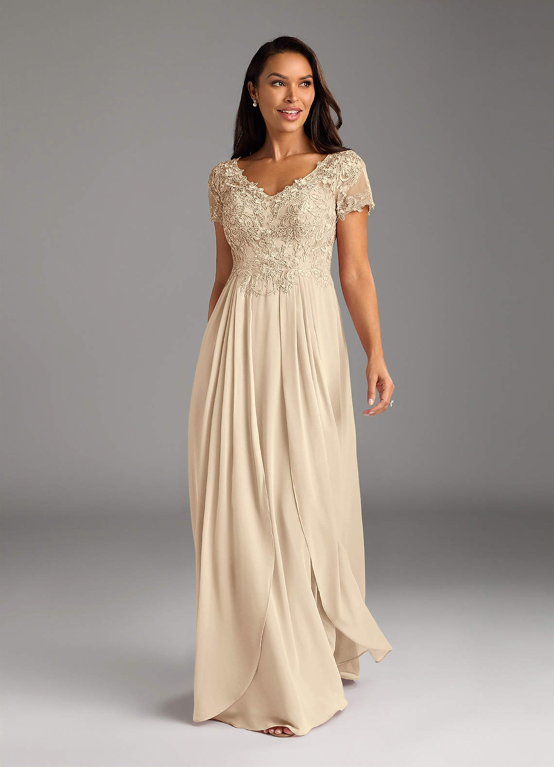 Champagne A-Line V-Neck Lace Chiffon Dress