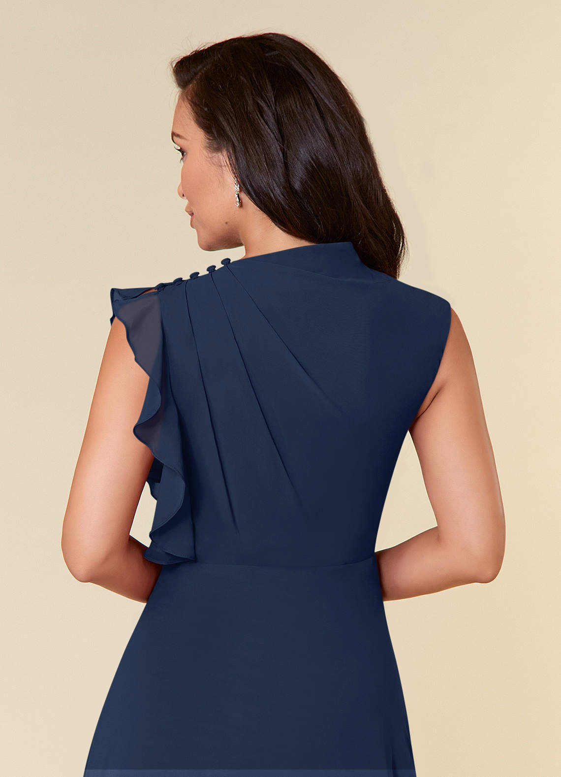 Dark Navy A-Line High Neckline Pleated Chiffon Dress