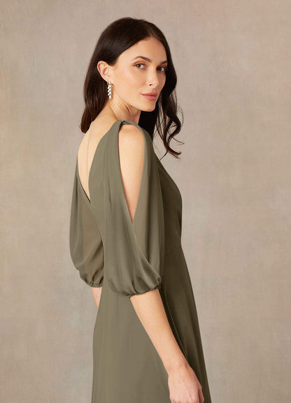 Willow Green A-Line V-Neck Ruched Chiffon Dress