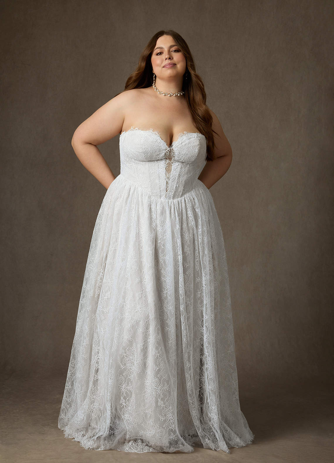 Diamond White A-Line Strapless Lace Dress