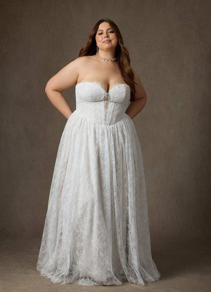 Diamond White A-Line Strapless Lace Dress