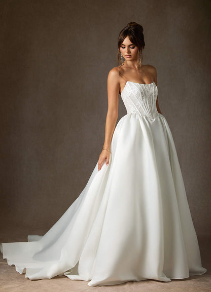 Diamond White Ball-Gown Strapless Lace Dress
