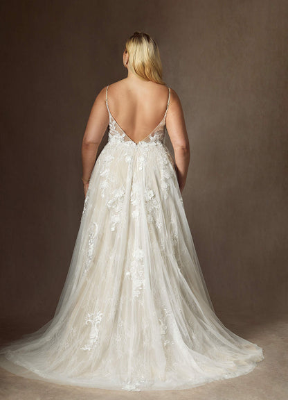 Diamond White Champagne A-Line Lace Tulle Dress