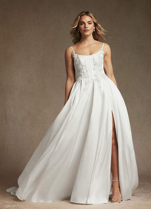 Diamond White A-Line Lace Stretch Satin Dress