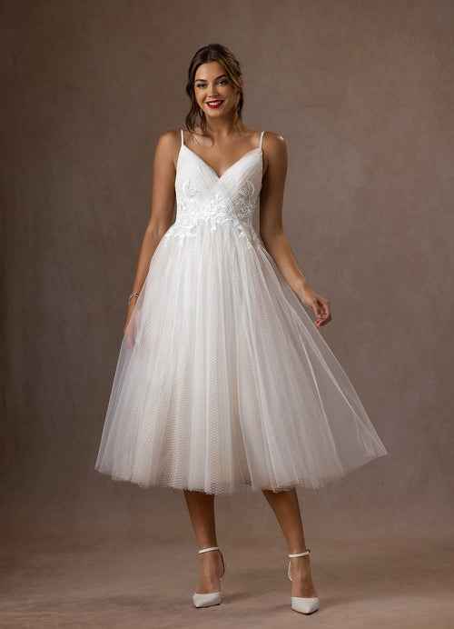Diamond White A-Line V-Neck Sequins Tulle Dress