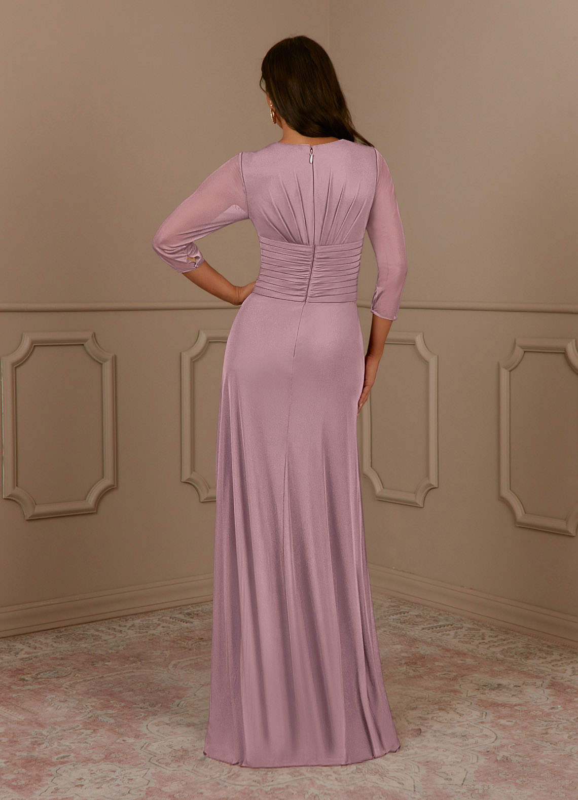 Dusty Rose A-Line V-Neck Pleated Mesh Dress
