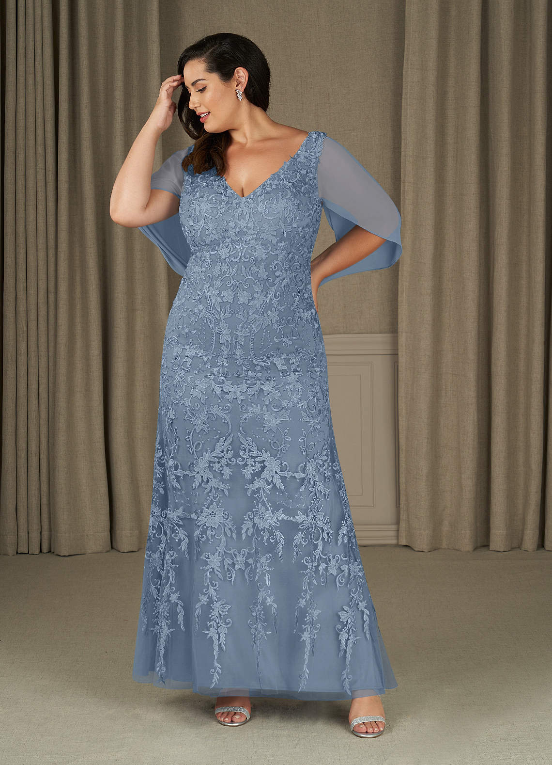 Dusty Blue Sheath V-Neck Chiffon Dress