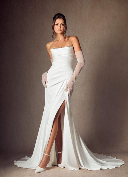 Diamond White Mermaid Strapless Stretch Satin Dress
