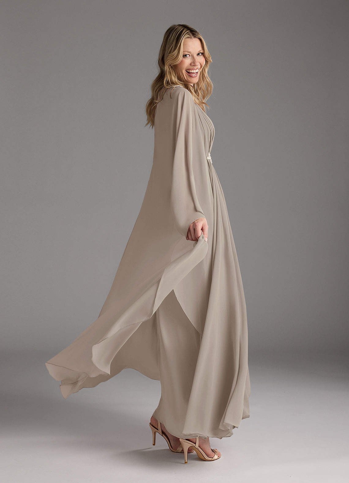 Taupe A-Line Pleated Chiffon Dress