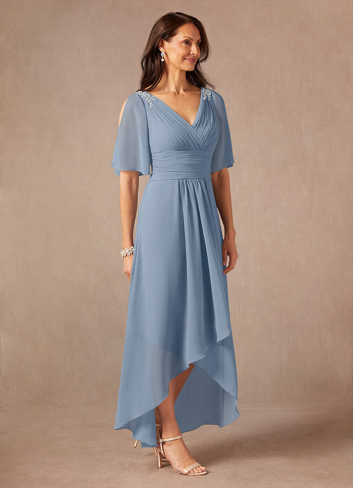 Dusty Blue A-Line Pleated Chiffon Dress