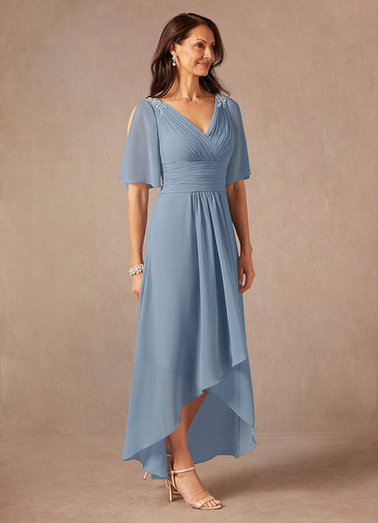 Dusty Blue A-Line Pleated Chiffon Dress