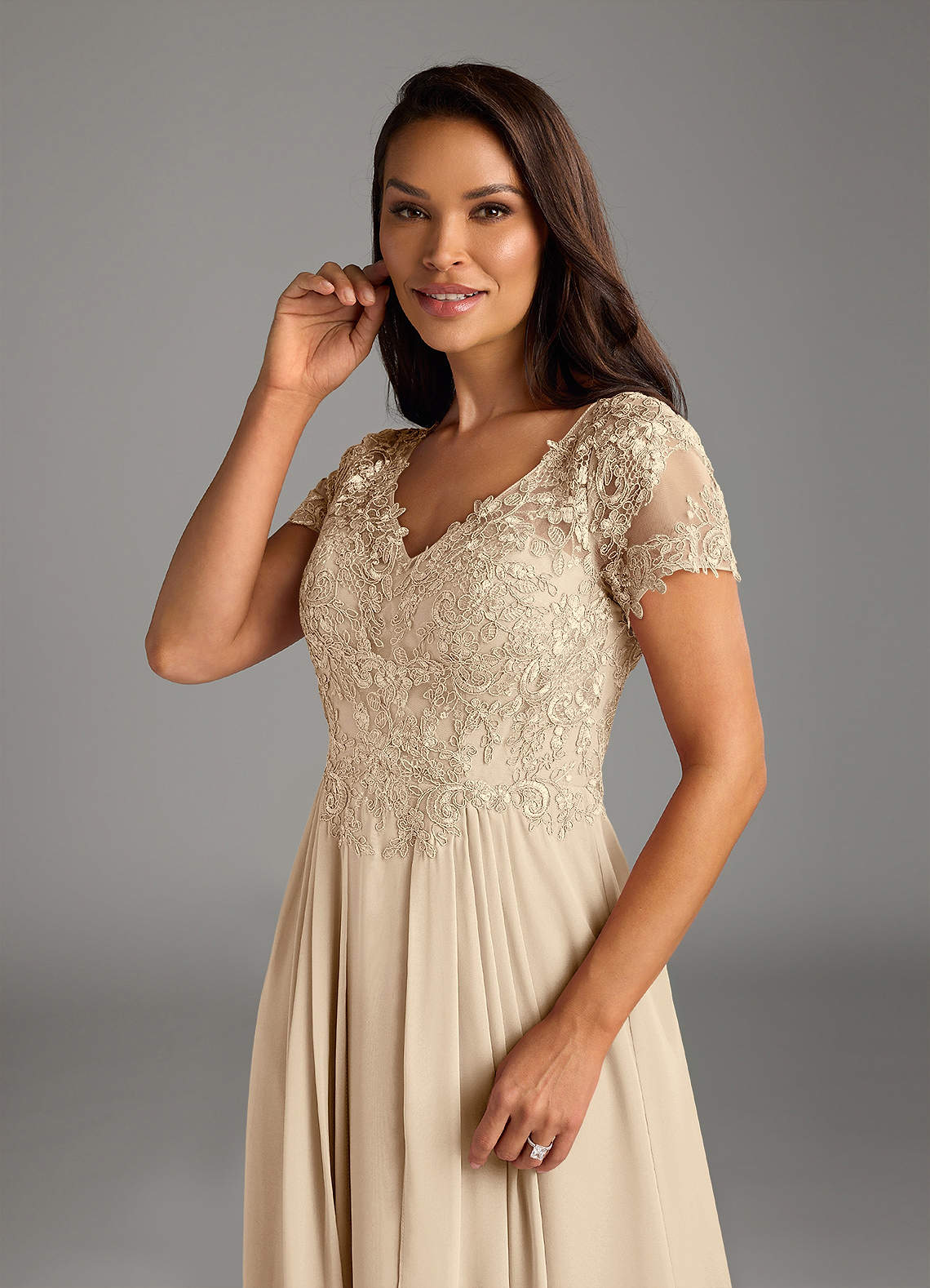 Champagne A-Line V-Neck Lace Chiffon Dress