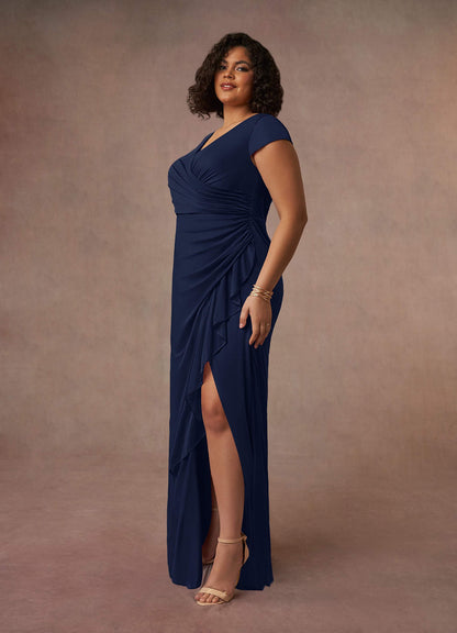 Dark Navy Mermaid V-Neck Pleated Mesh Dress