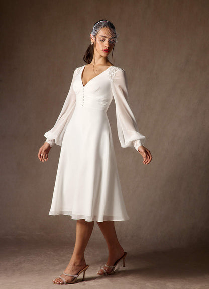 Diamond White A-Line V-Neck Lace Chiffon Dress