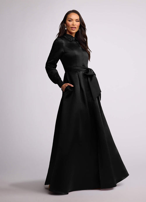 Black A-Line Lace Matte Satin Dress