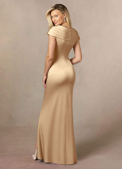 Champagne A-Line Pleated Stretch Satin Dress