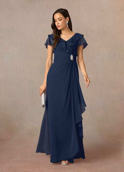 Dark Navy A-Line V-Neck Ruched Chiffon Dress