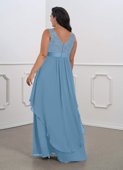 Steel Blue A-Line Lace Chiffon Dress
