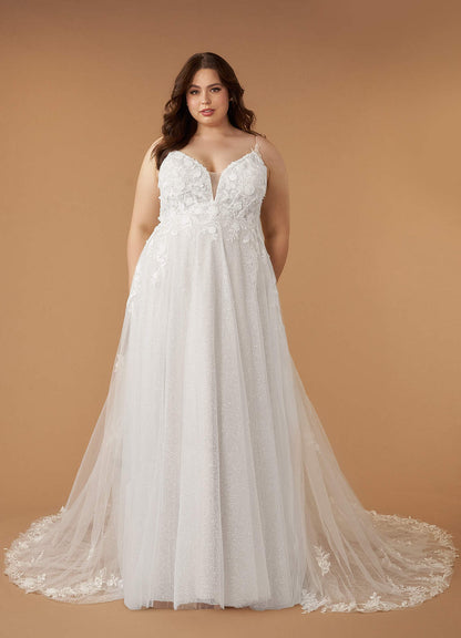 Diamond White A-Line V-Neck Lace Tulle Dress