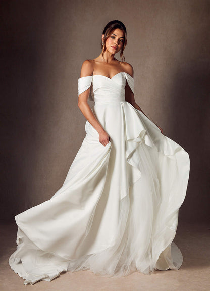 Diamond White A-Line Off the Shoulder Matte Satin Dress