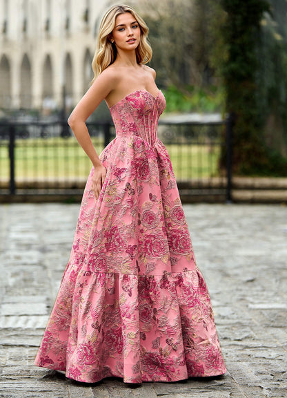 Rosemarnder Rose Pink Jacquard Flowers Prom Dress