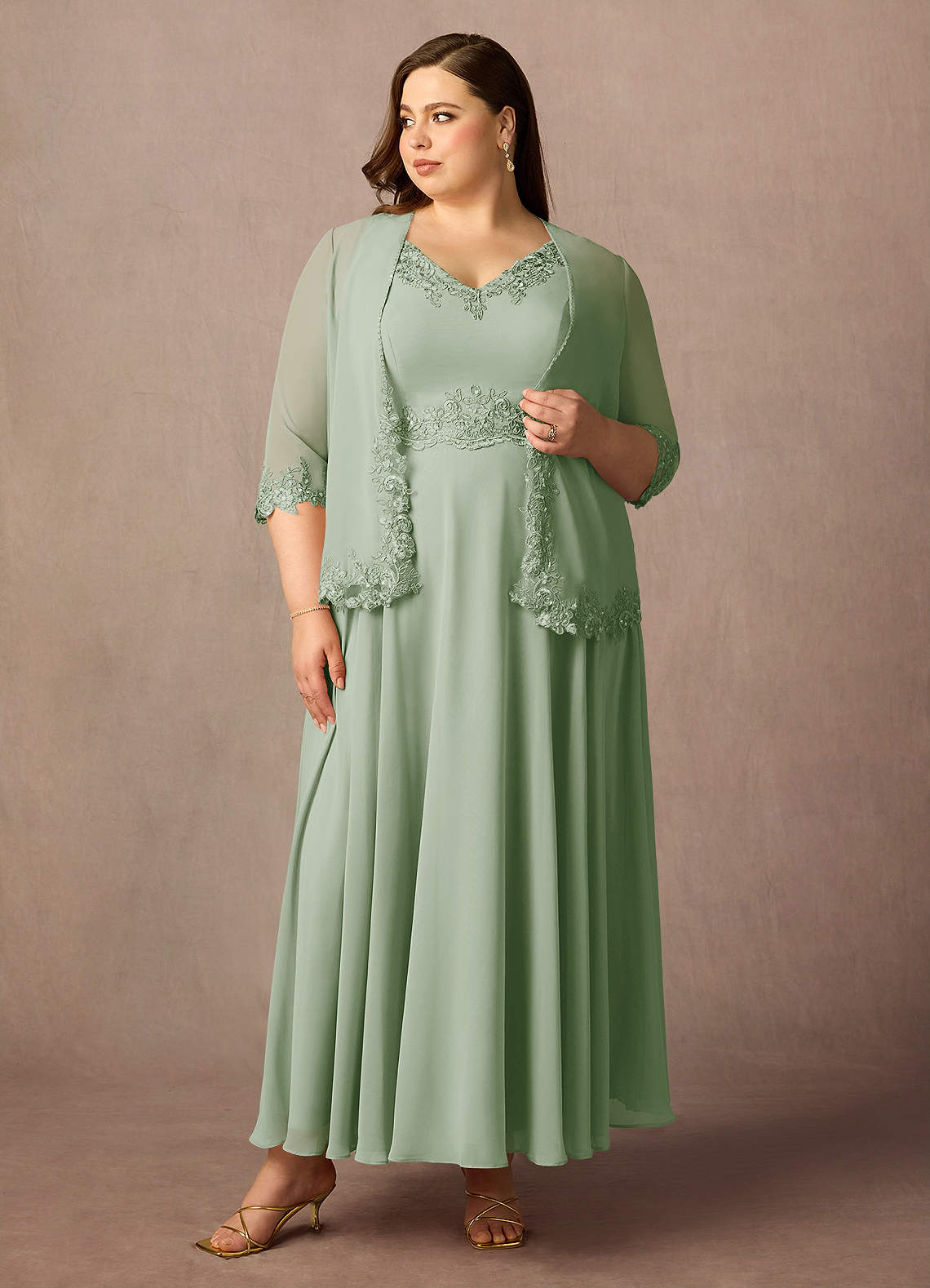 Dusty Sage A-Line Sequins Chiffon Dress