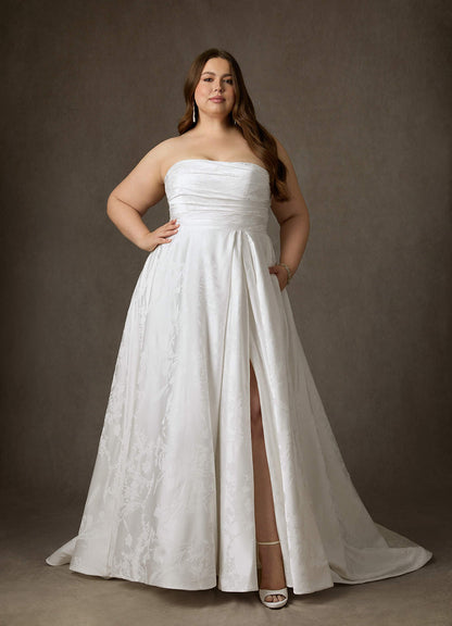 Diamond White A-Line Strapless Floral Jacquard Dress