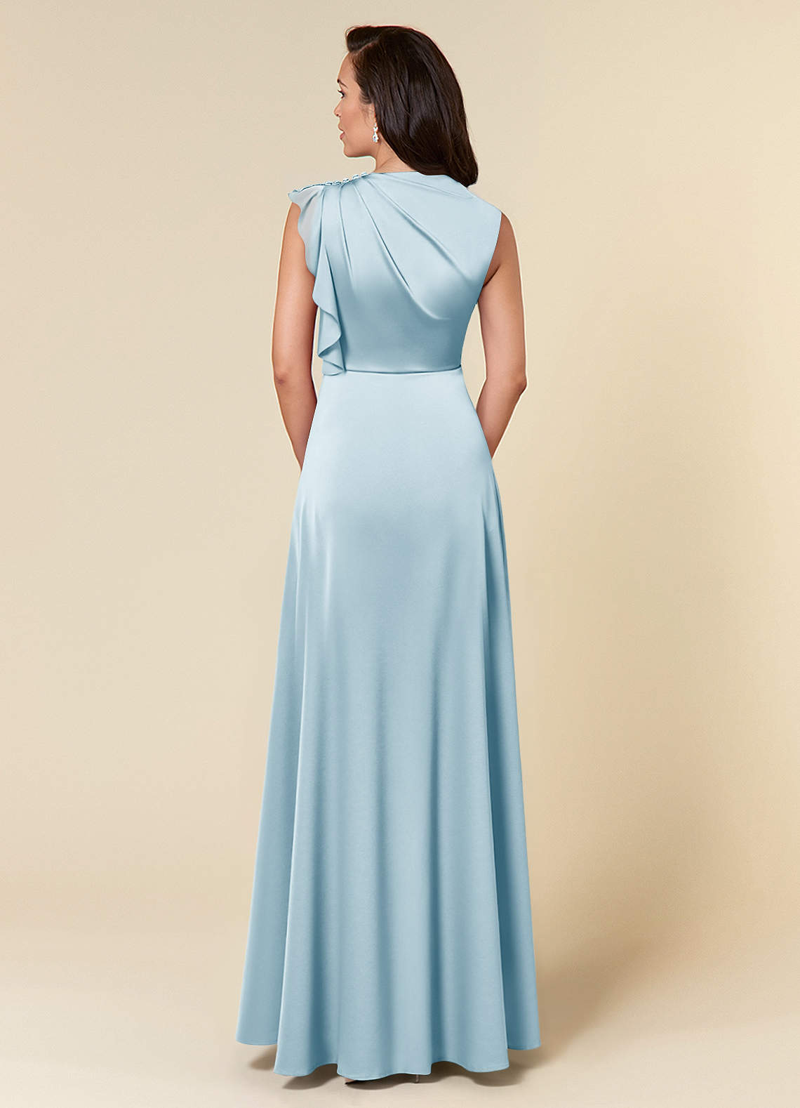 Sky Blue A-Line High Neckline Pleated Stretch Satin Dress