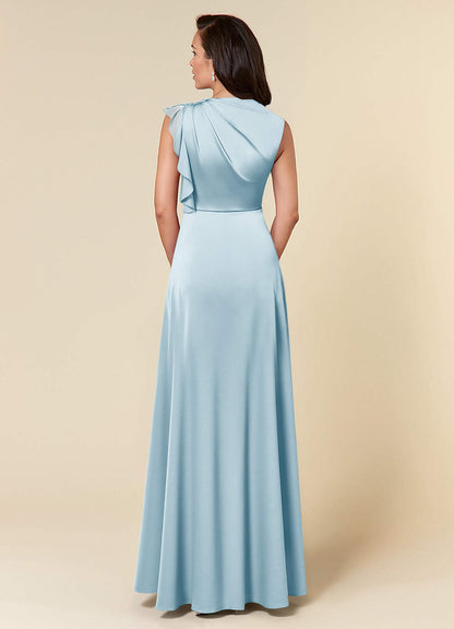 Sky Blue A-Line High Neckline Pleated Stretch Satin Dress