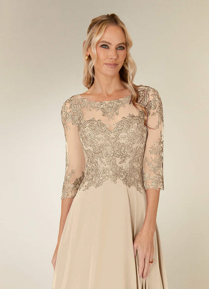 Champagne A-Line Lace Chiffon Dress