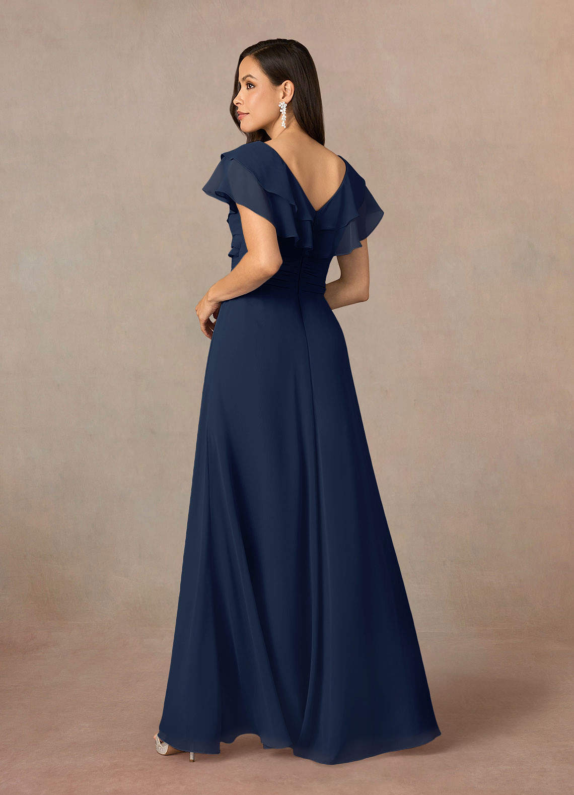 Dark Navy A-Line V-Neck Ruched Chiffon Dress