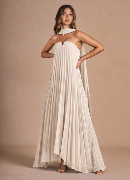Nahla Cream Allover Pleated Maxi Dress  Dress