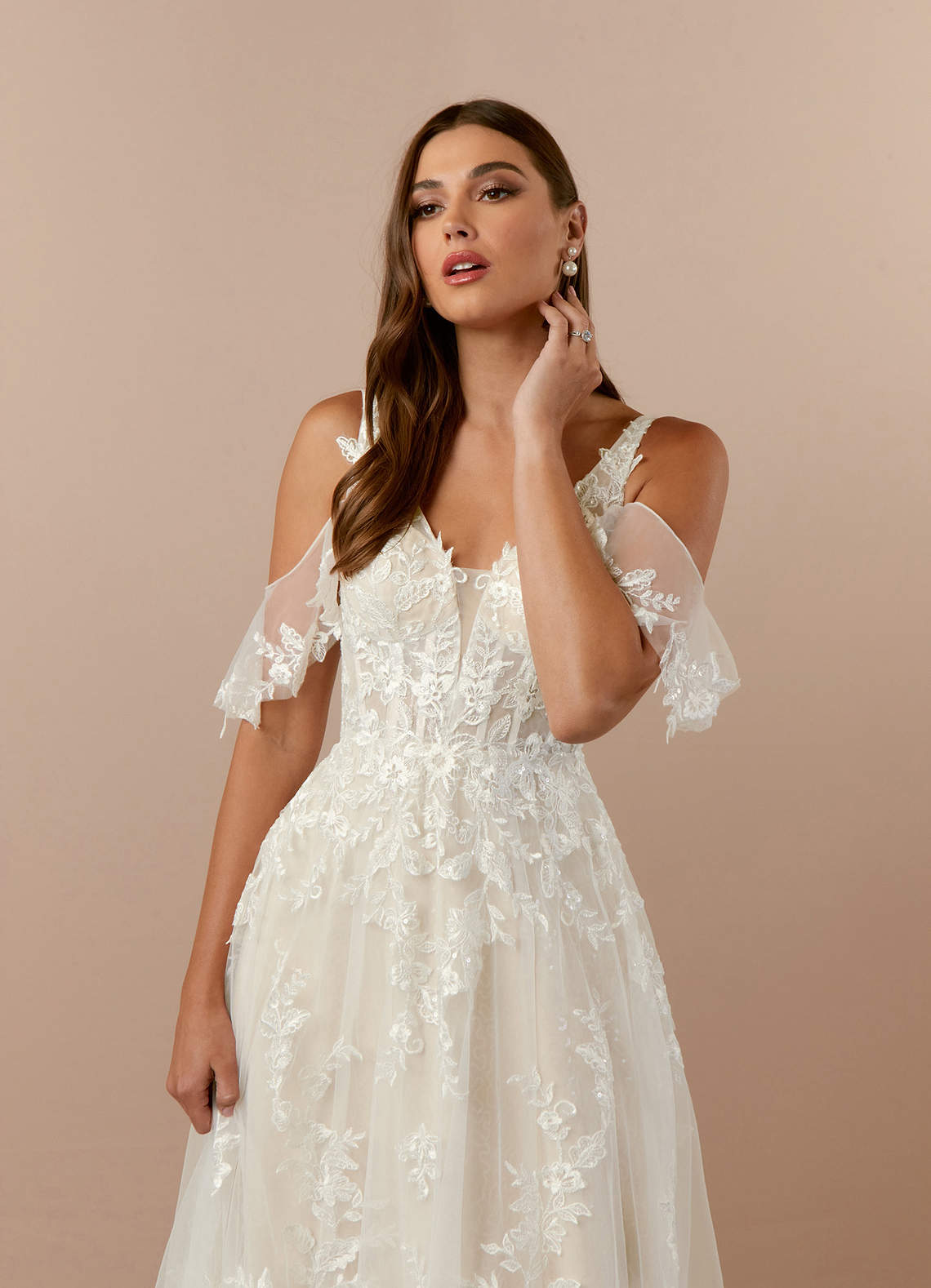 Diamond White Champagne A-Line V-Neck lace Tulle Dress