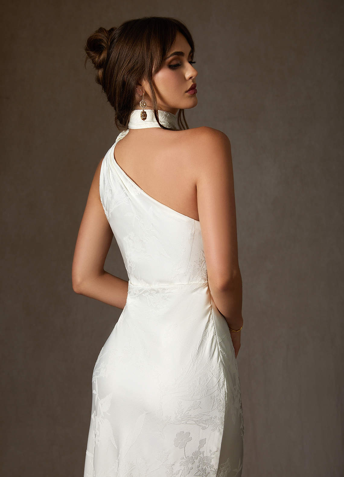 Diamond White Sheath One Shoulder Floral Jacquard Dress