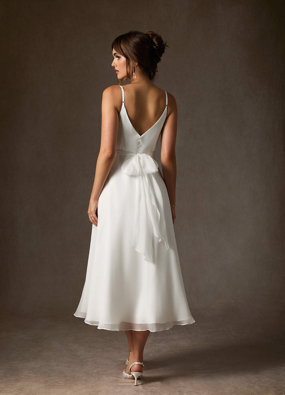 Diamond White A-Line V-Neck Pleated Crinkle Chiffon Dress