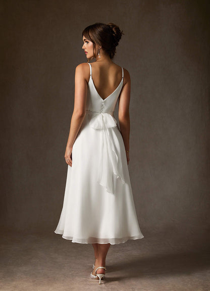 Diamond White A-Line V-Neck Pleated Crinkle Chiffon Dress