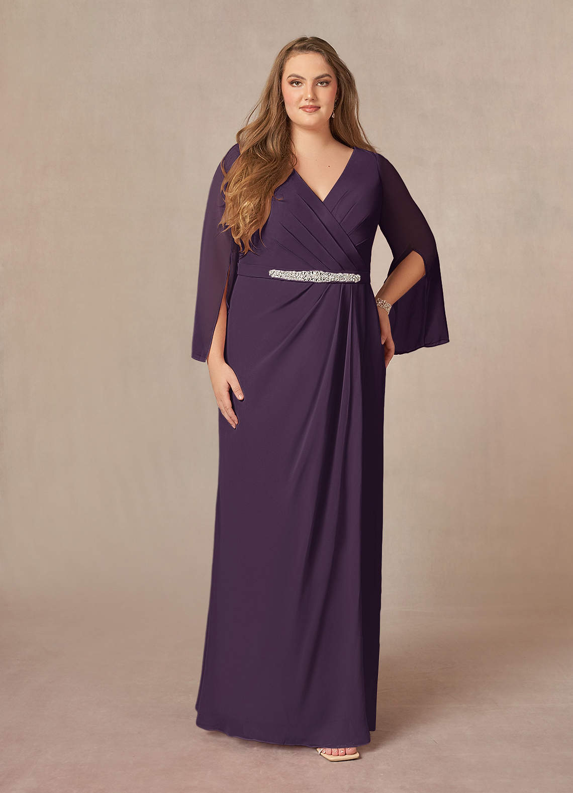 Plum A-Line V-Neck Pleated Chiffon Dress