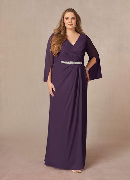 Plum A-Line V-Neck Pleated Chiffon Dress