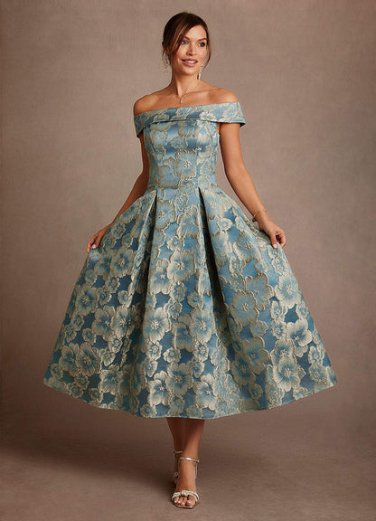 Lake Blue Jacquard A-Line Off the Shoulder Floral Jacquard Dress