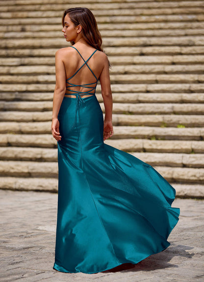 Luminous Blue Column Satin Prom Dress