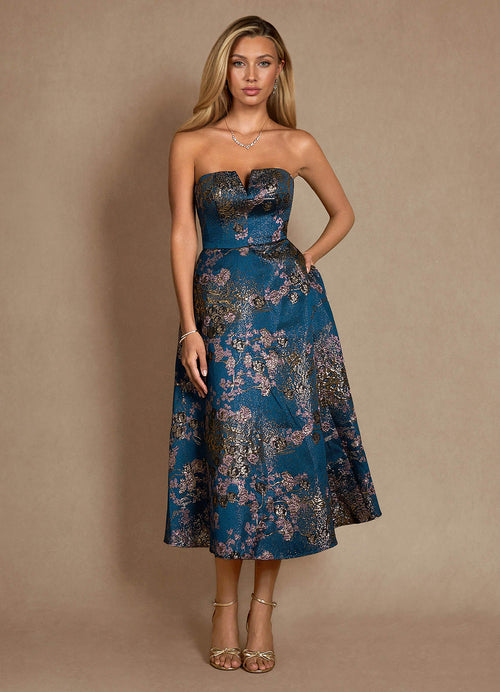 Teal Floral A-Line Pleated Brocade Dress