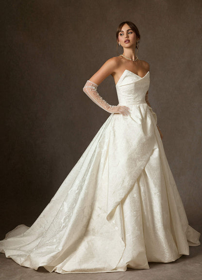 Antique White Ball-Gown Strapless Floral Jacquard Dress