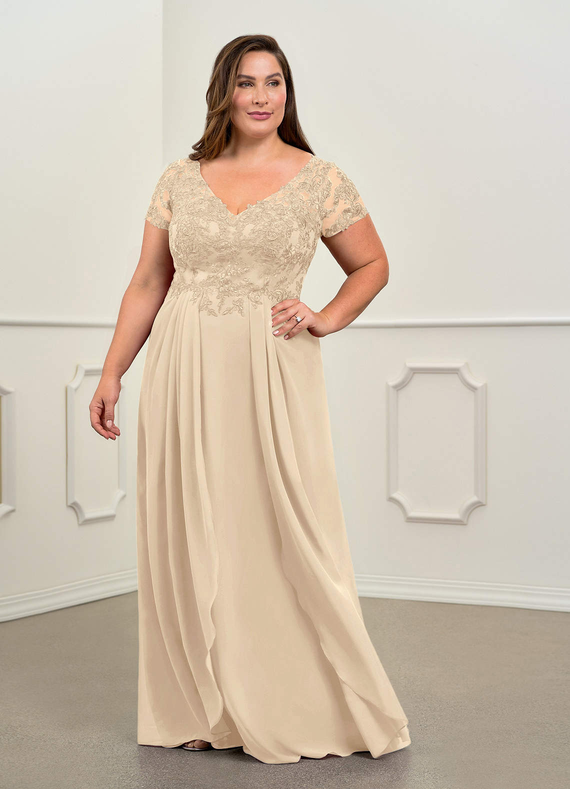 Champagne A-Line V-Neck Lace Chiffon Dress