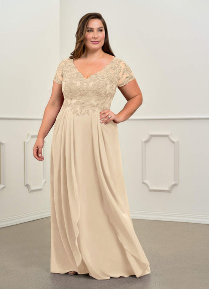 Champagne A-Line V-Neck Lace Chiffon Dress