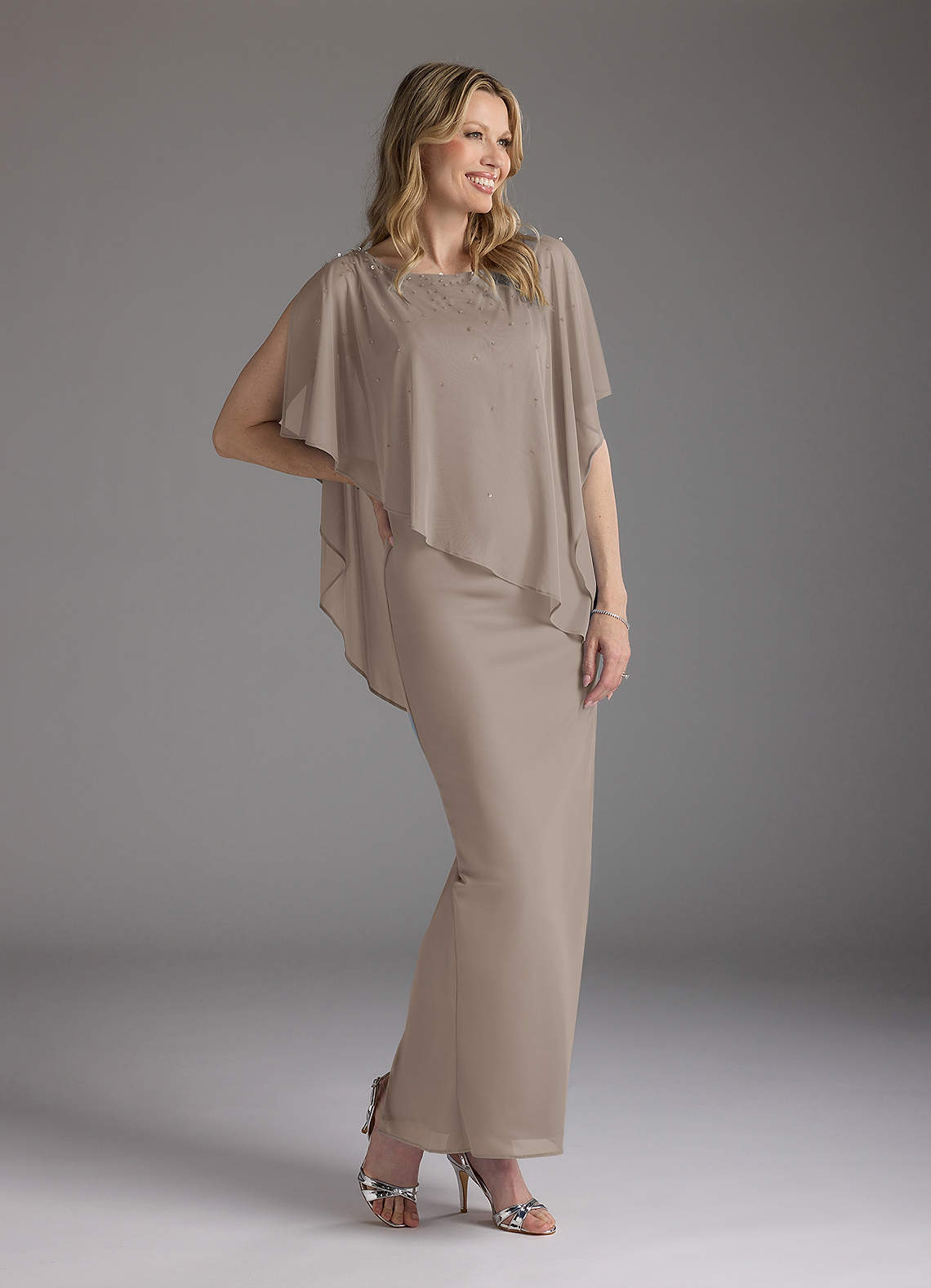 Taupe Sheath Beaded Mesh Dress