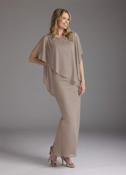 Taupe Sheath Beaded Mesh Dress