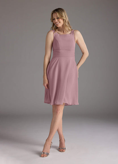 Dusty Rose A-Line Scoop Pleated Chiffon Dress