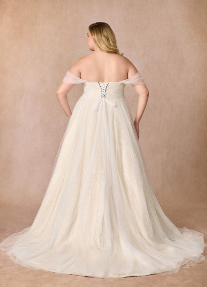 Diamond White Champagne A-Line Off the Shoulder Tulle Dress