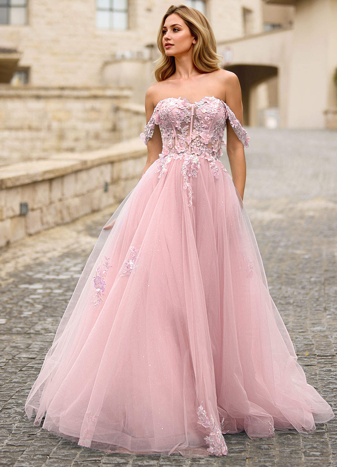 Eleanor Pink 3D Floral Lace Prom Dress  Dress